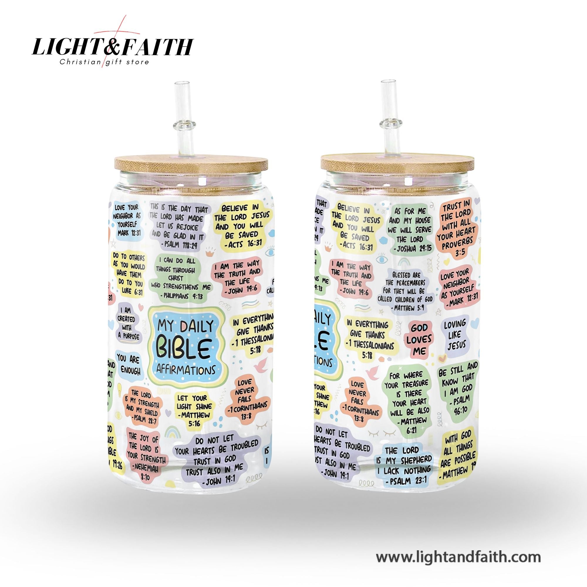 Christian Glass Can with Bamboo Lid and Straw, My Daily Bible Affirmations Cup, Scripture Iced Coffee Tumbler, Faith Gift GCLAF31